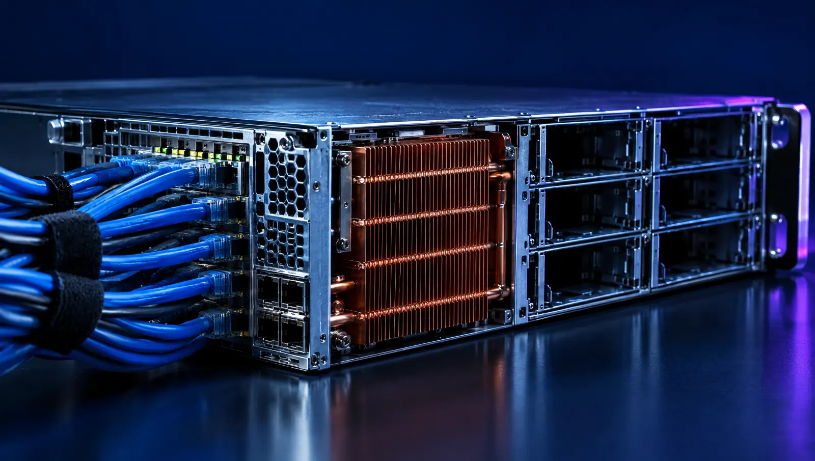 Rear of a rack server with bundled blue network cables, copper heatsink fins and empty drive bays