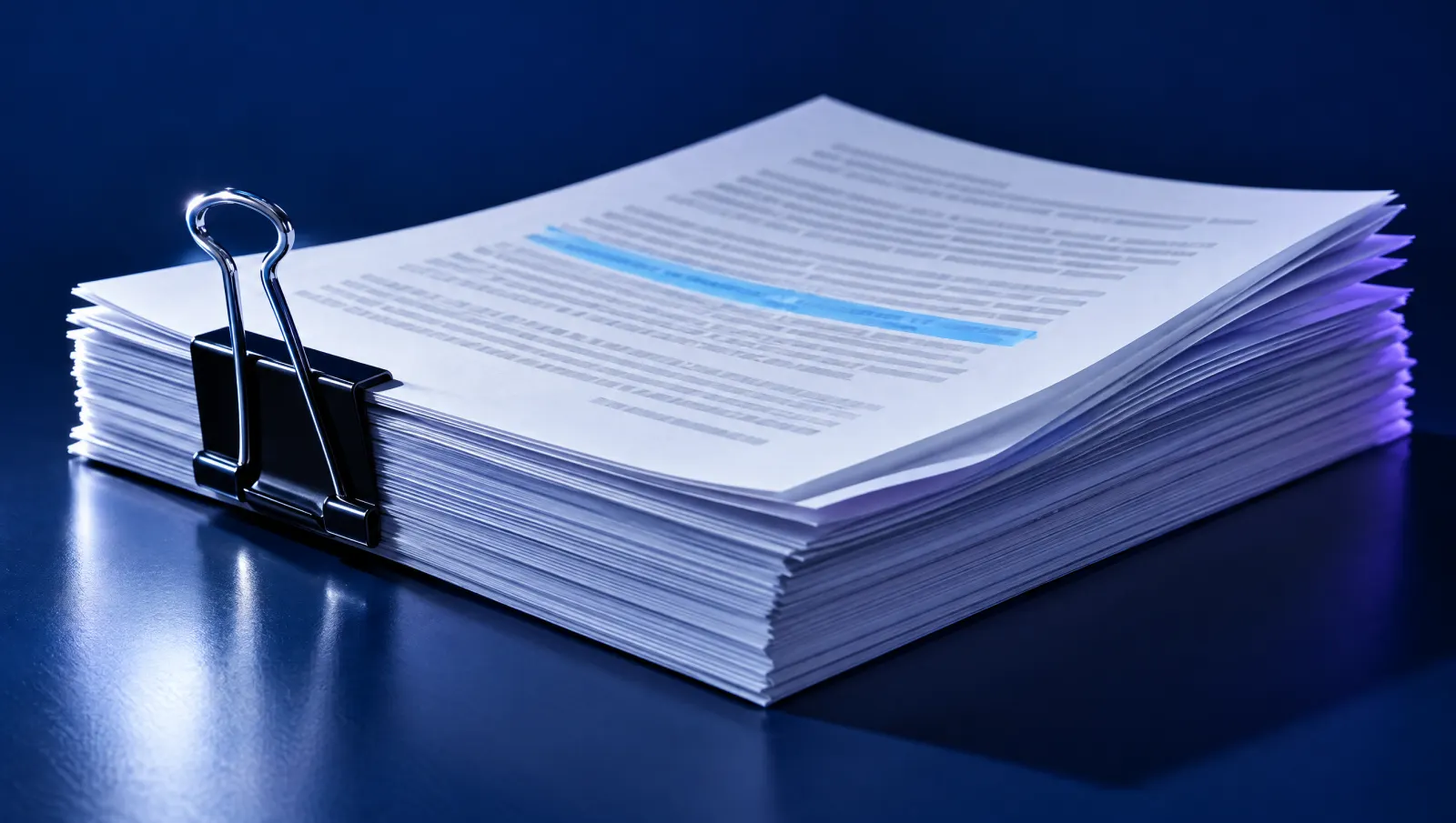 A clipped stack of printed filings with one highlighted line on a dark desk